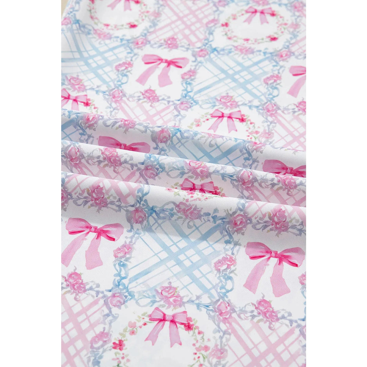 SALE!!!  Pink Bow Wreath Pattern Christmas Holiday Tied Front Long Sleeve 2pcs Pajama Set
