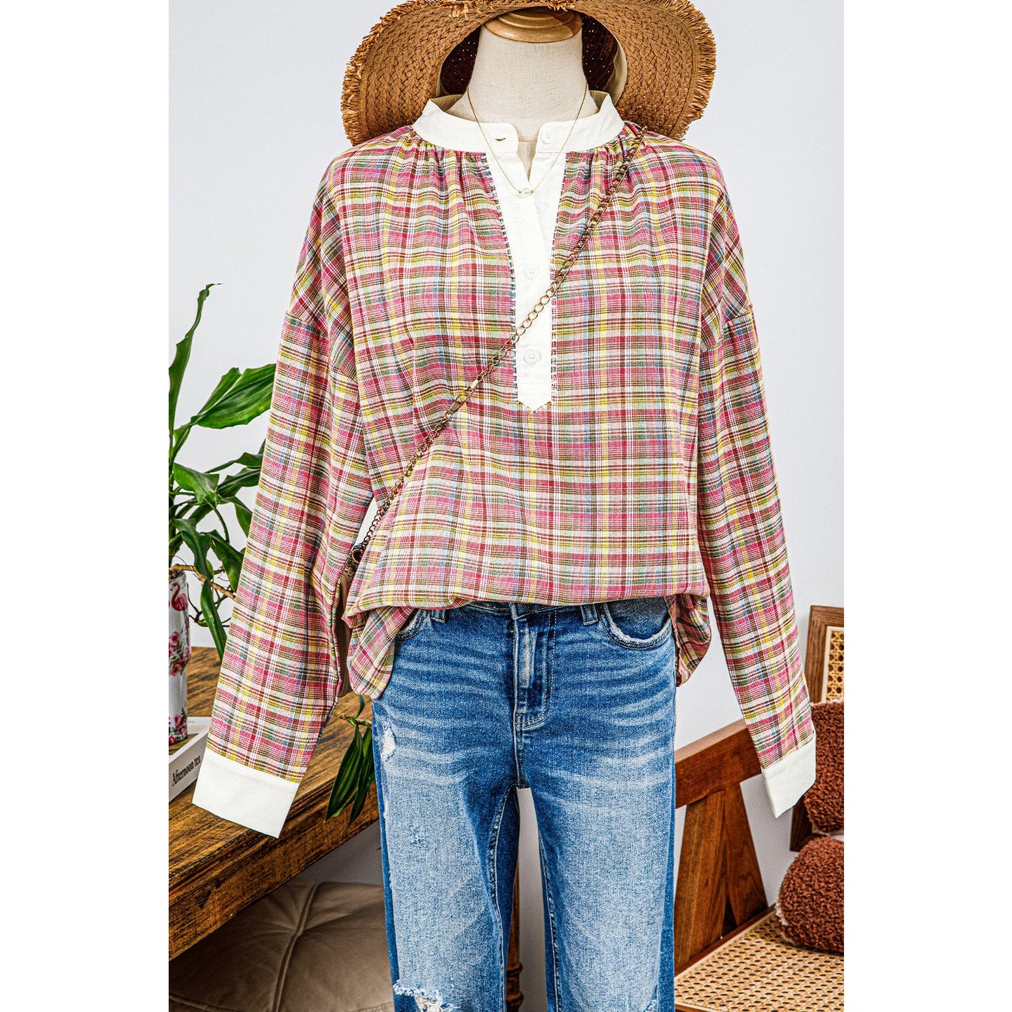 RTS Pink Colorblock Plaid Patchwork Henley Blouse