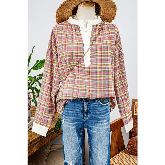 RTS Pink Colorblock Plaid Patchwork Henley Blouse
