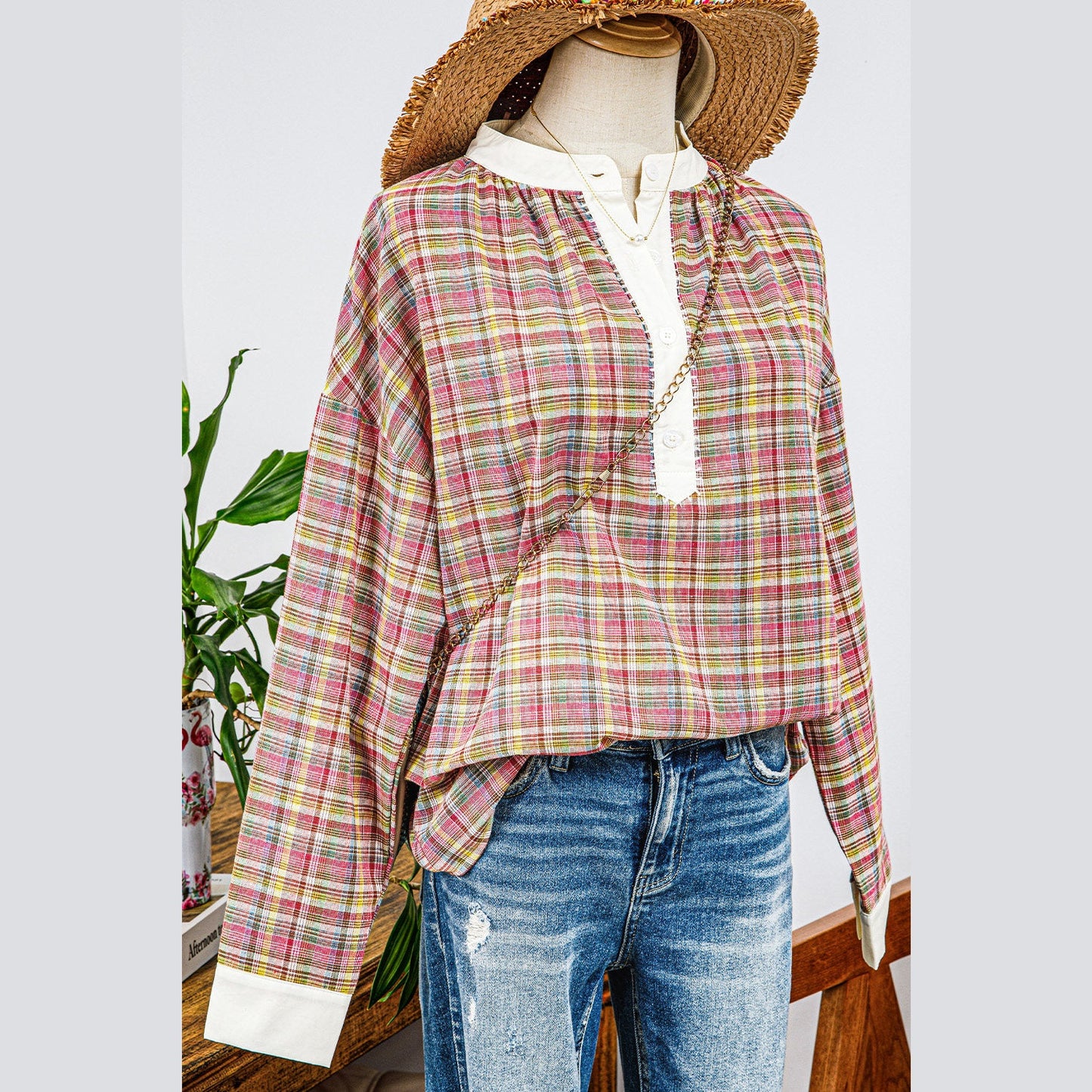 RTS Pink Colorblock Plaid Patchwork Henley Blouse
