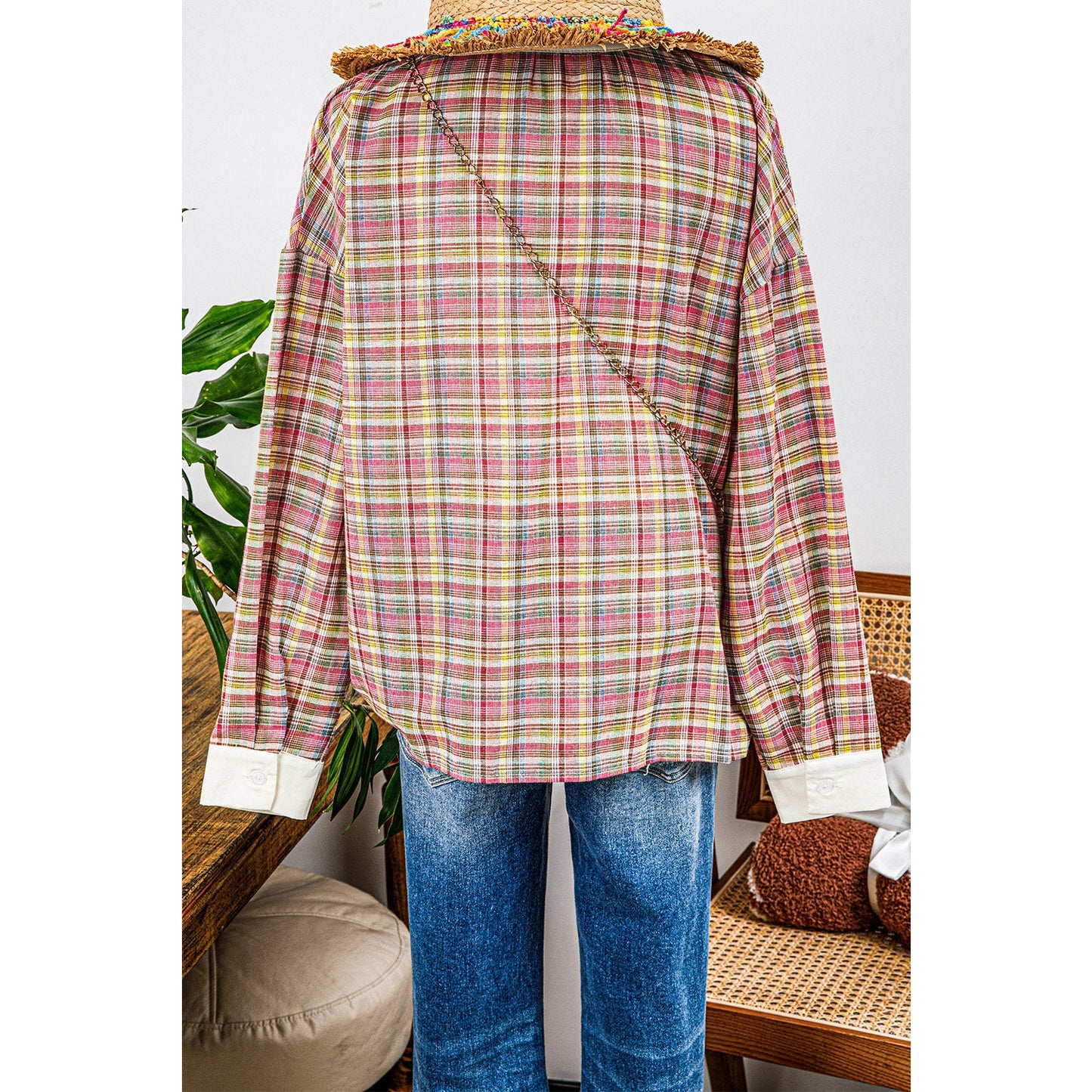 RTS Pink Colorblock Plaid Patchwork Henley Blouse