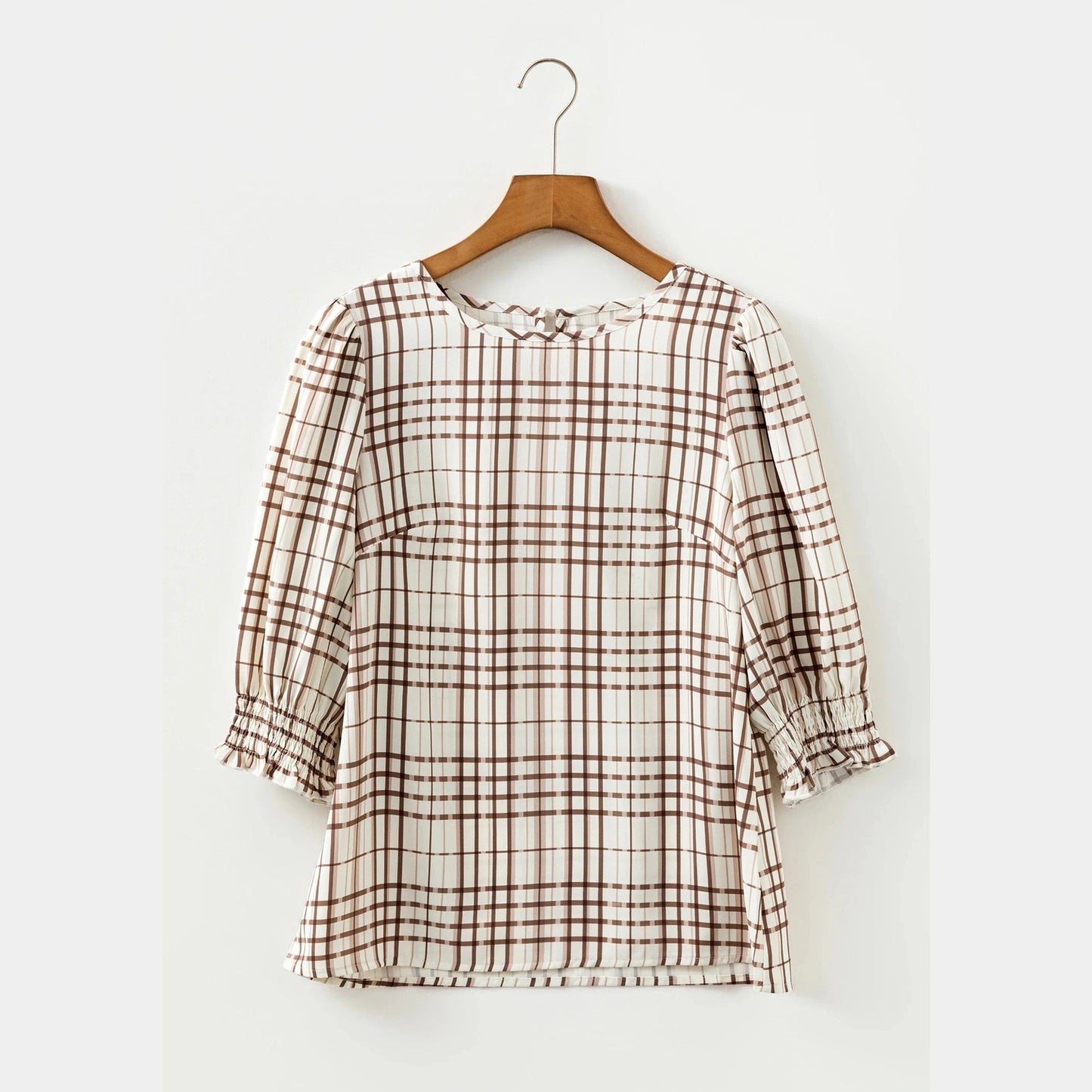 Carson Plaid Print Frilled Puffy Half Sleeve Blouse