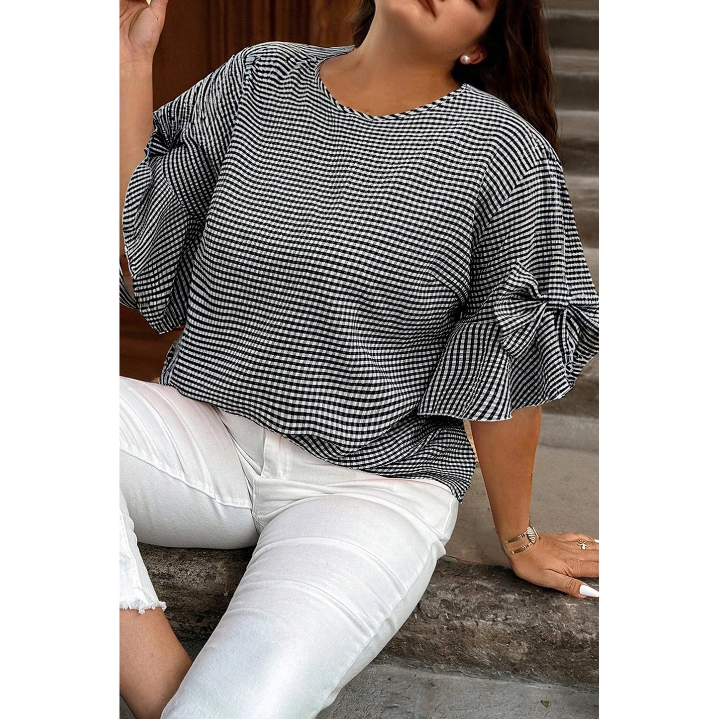 Cherry Black Plus Size Plaid Bow Decor Bell Sleeve Round Neck Top