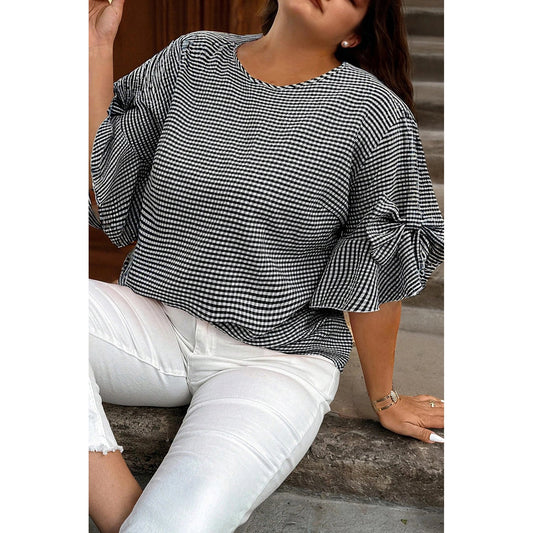 Cherry Black Plus Size Plaid Bow Decor Bell Sleeve Round Neck Top