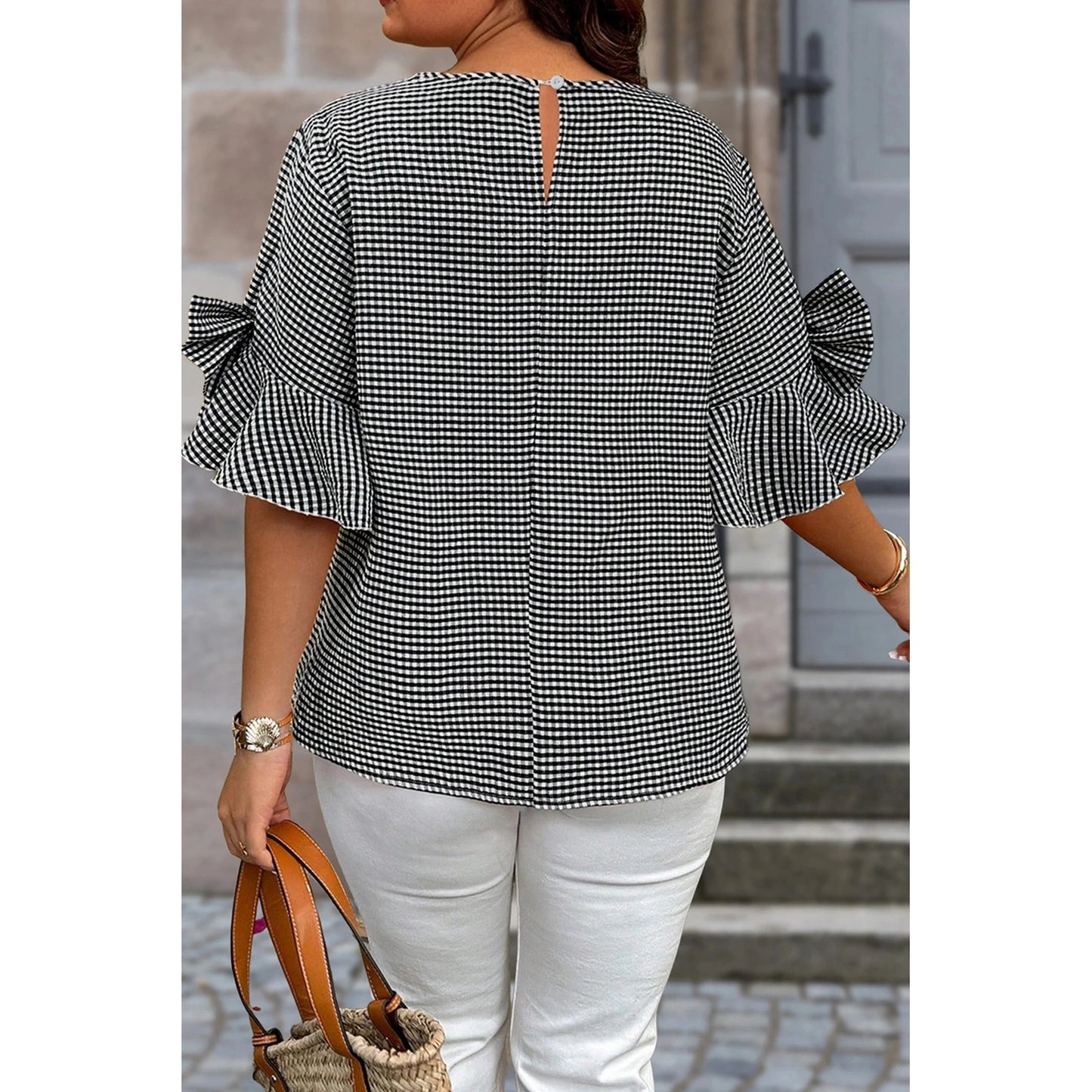 Cherry Black Plus Size Plaid Bow Decor Bell Sleeve Round Neck Top