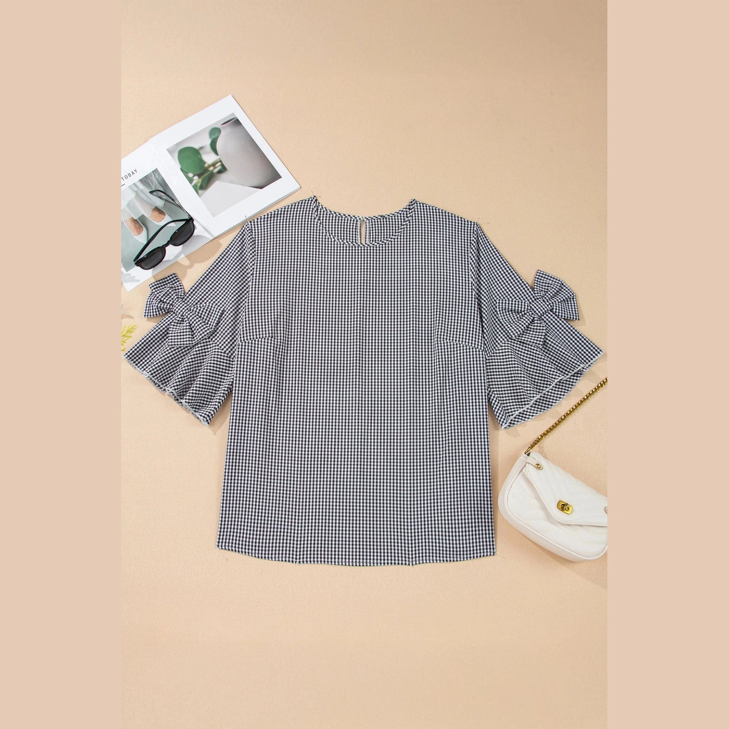 Cherry Black Plus Size Plaid Bow Decor Bell Sleeve Round Neck Top