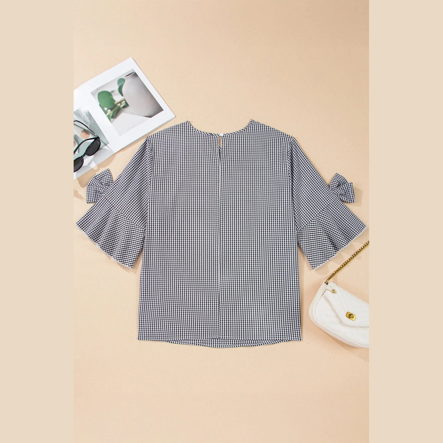 Cherry Black Plus Size Plaid Bow Decor Bell Sleeve Round Neck Top