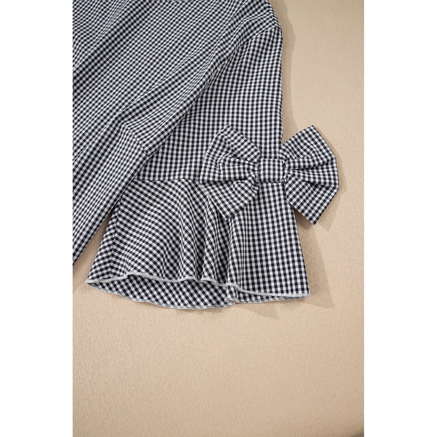 Cherry Black Plus Size Plaid Bow Decor Bell Sleeve Round Neck Top