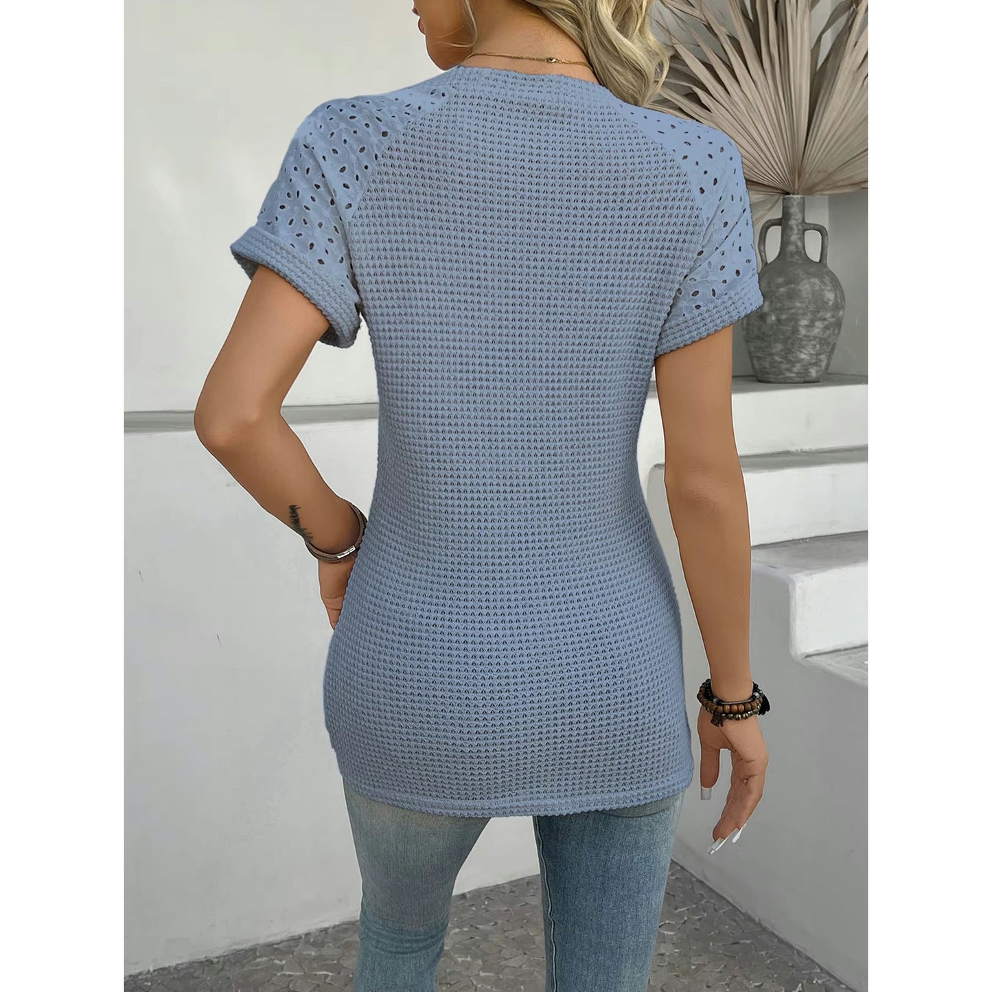 Poppie Blue Waffle & Eyelet Short Sleeve Top