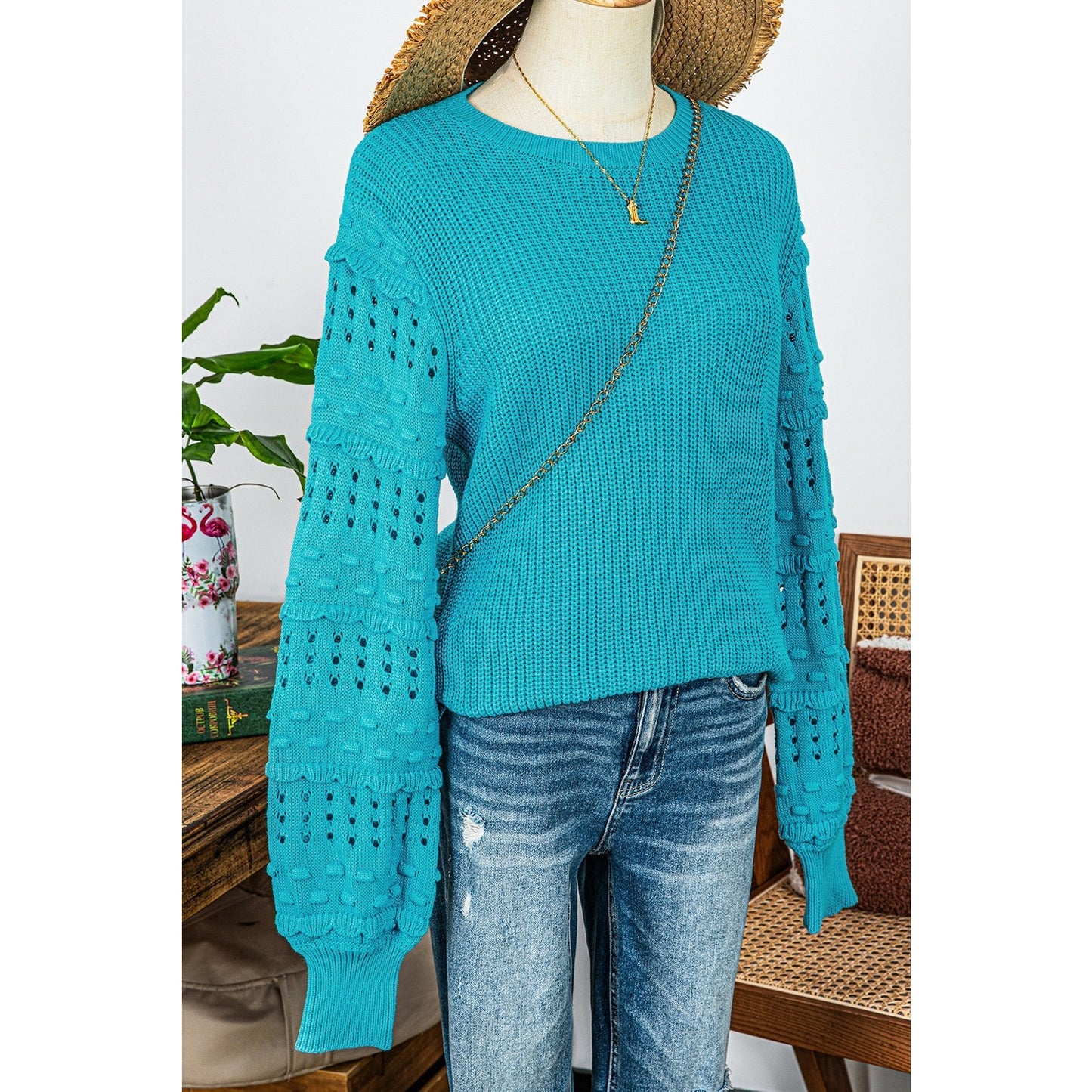 Poppy Turquoise Ruffled Eyelet Bubble Sleeve Sweater