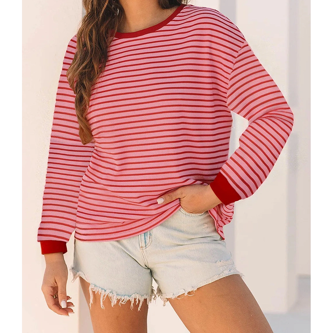 Porsha Pink Stripe Textured Round Neck Drop Shoulder Long Sleeve T Shirt