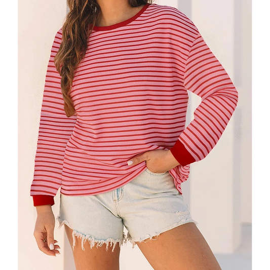 Porsha Pink Stripe Textured Round Neck Drop Shoulder Long Sleeve T Shirt