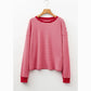 Porsha Pink Stripe Textured Round Neck Drop Shoulder Long Sleeve T Shirt