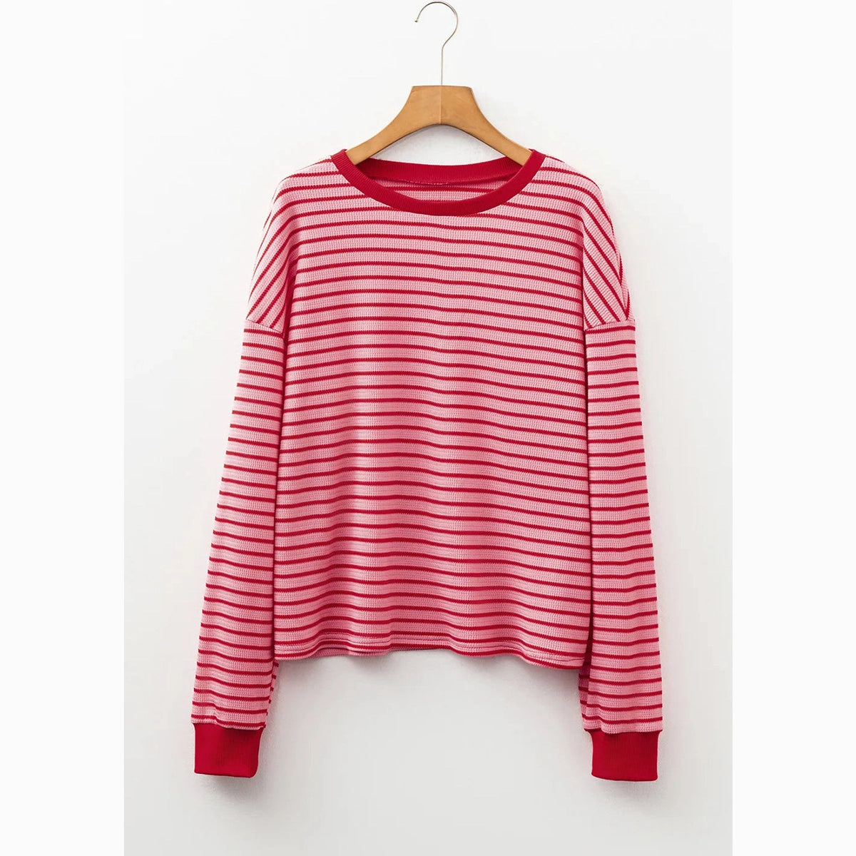 Porsha Pink Stripe Textured Round Neck Drop Shoulder Long Sleeve T Shirt