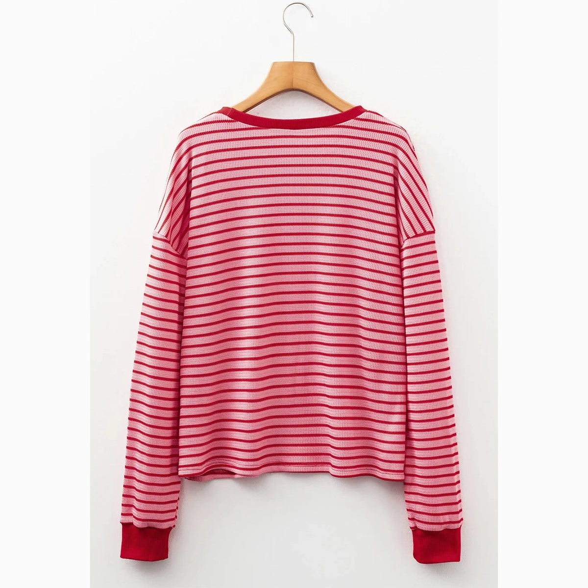 Porsha Pink Stripe Textured Round Neck Drop Shoulder Long Sleeve T Shirt