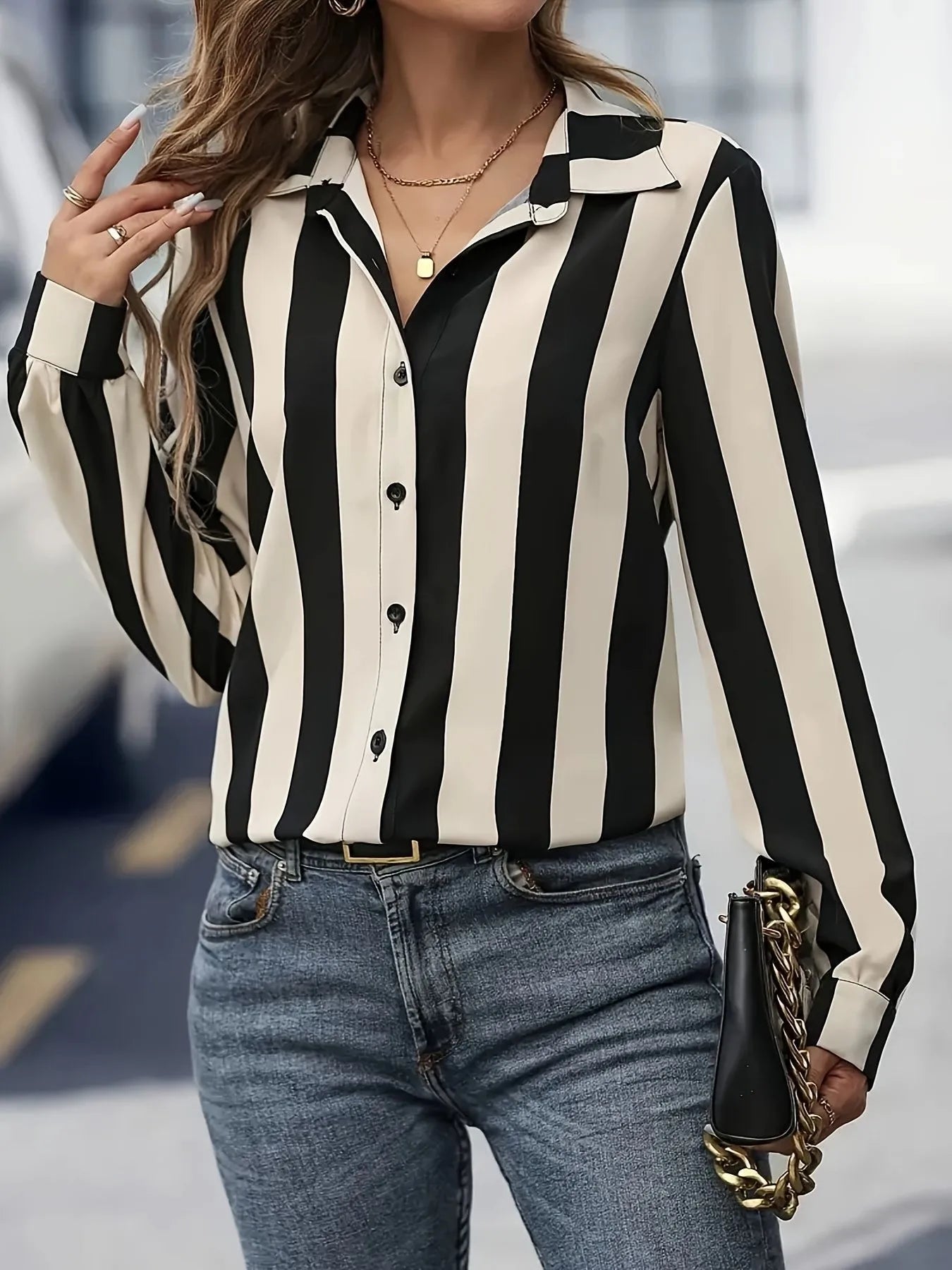 Portola Classic Black Vertical Stripe Button Up Blouse