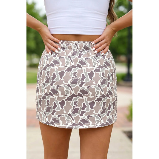 Posie Khaki Abstract Camo Elastic Waist Drawstring Mini Skort