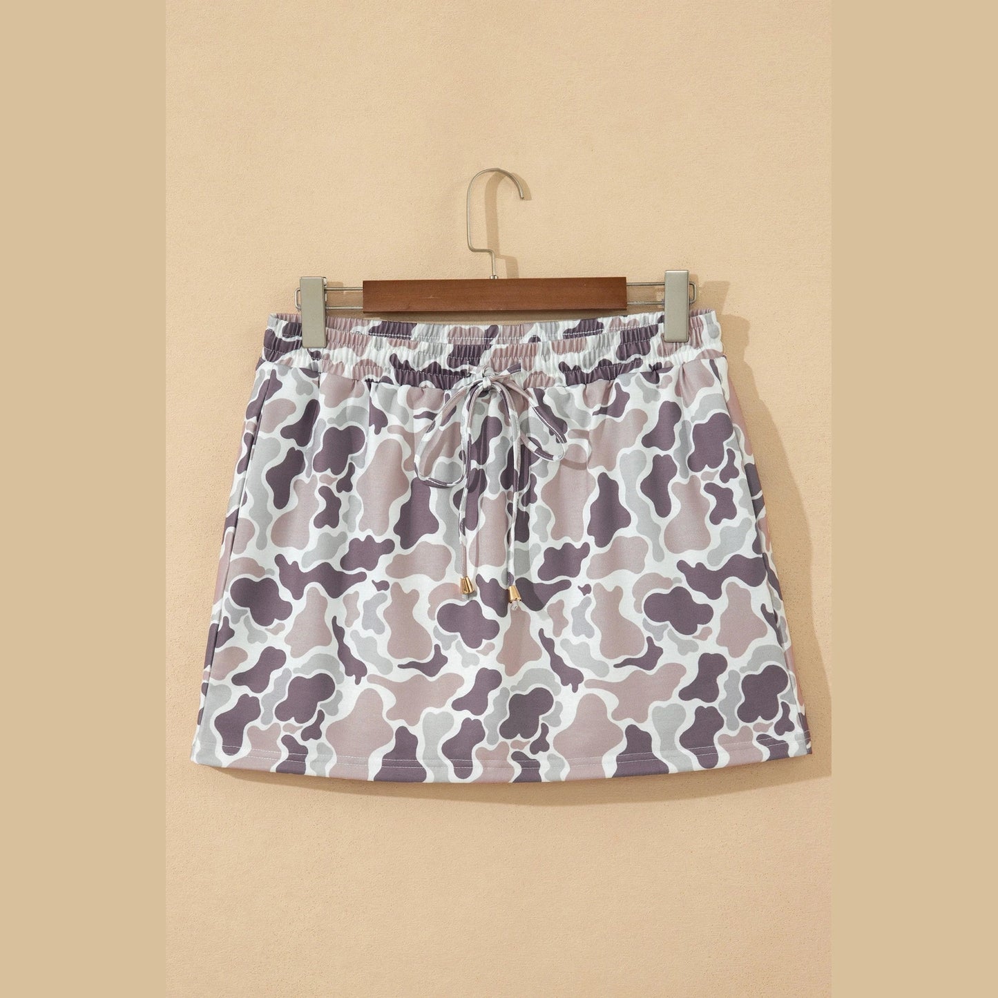 Posie Khaki Abstract Camo Elastic Waist Drawstring Mini Skort
