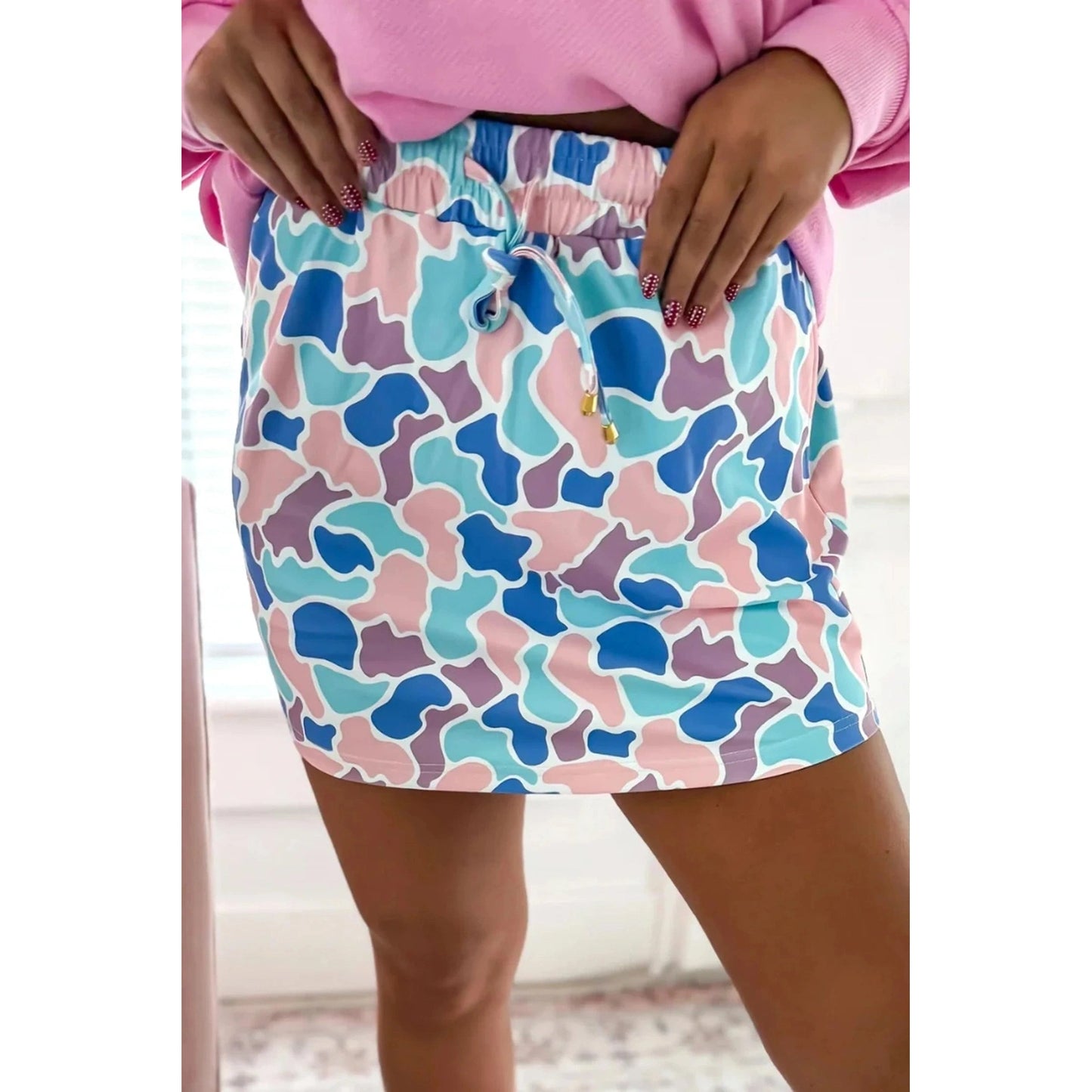 Posie Blue Abstract Camo Elastic Waist Drawstring Mini Skort