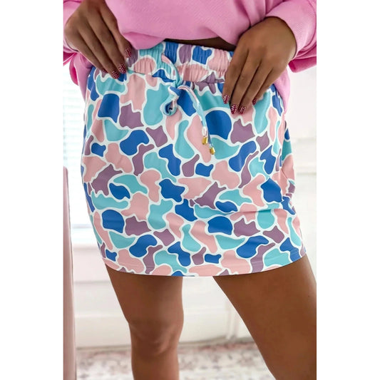 Posie Blue Abstract Camo Elastic Waist Drawstring Mini Skort