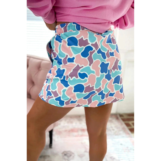 Posie Blue Abstract Camo Elastic Waist Drawstring Mini Skort