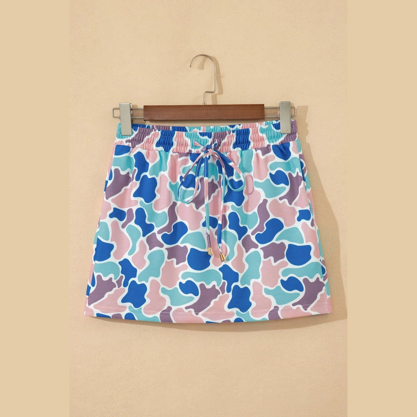 Posie Blue Abstract Camo Elastic Waist Drawstring Mini Skort