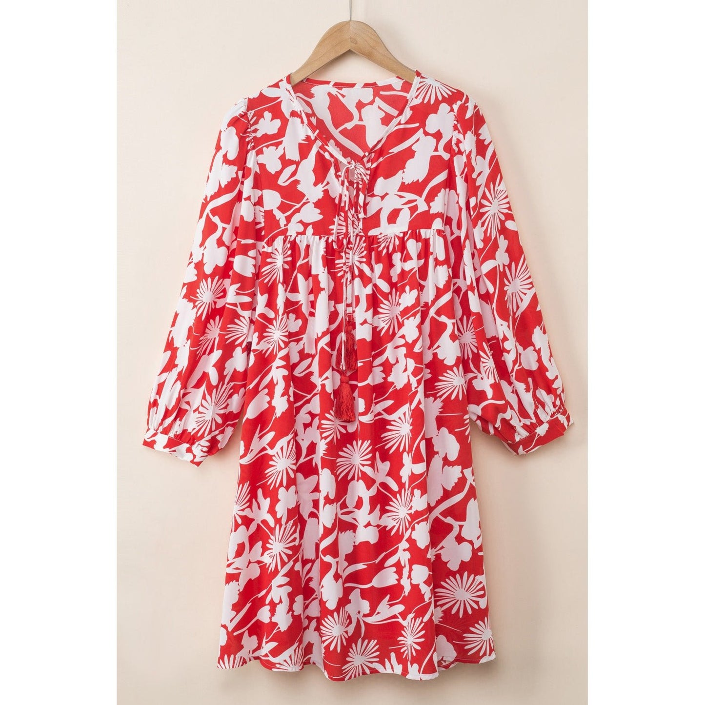 Rosie Red Floral Print Puff Sleeve Split Neck Babydoll Mini Dress