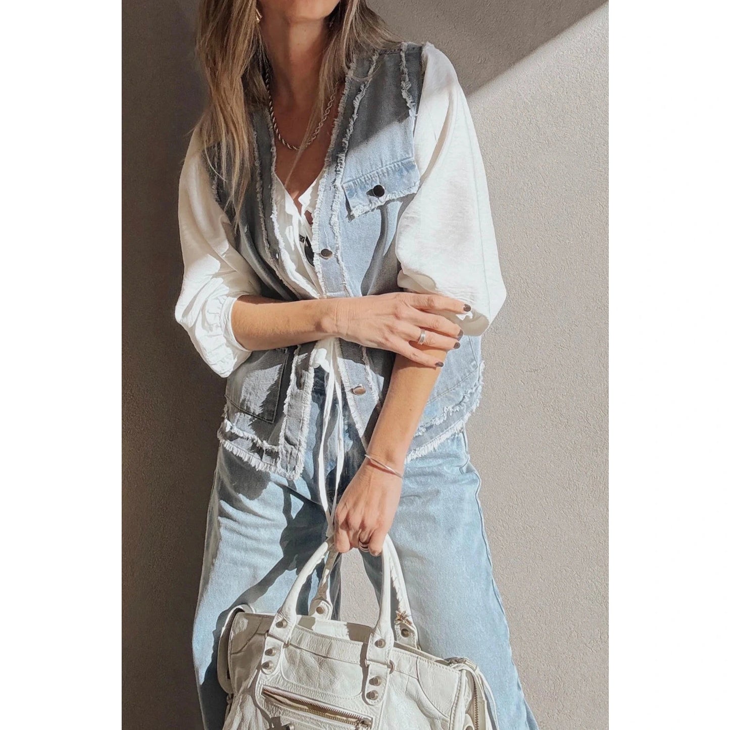 Prisha Beau Blue Frayed Edge Flap Pockets Denim Vest Jacket