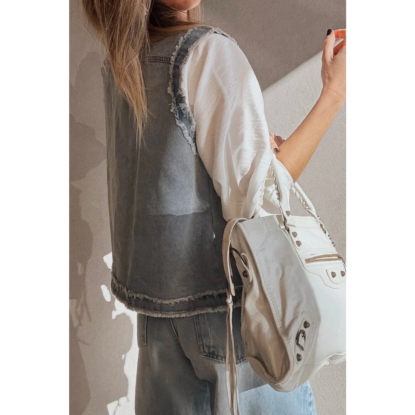 Prisha Beau Blue Frayed Edge Flap Pockets Denim Vest Jacket