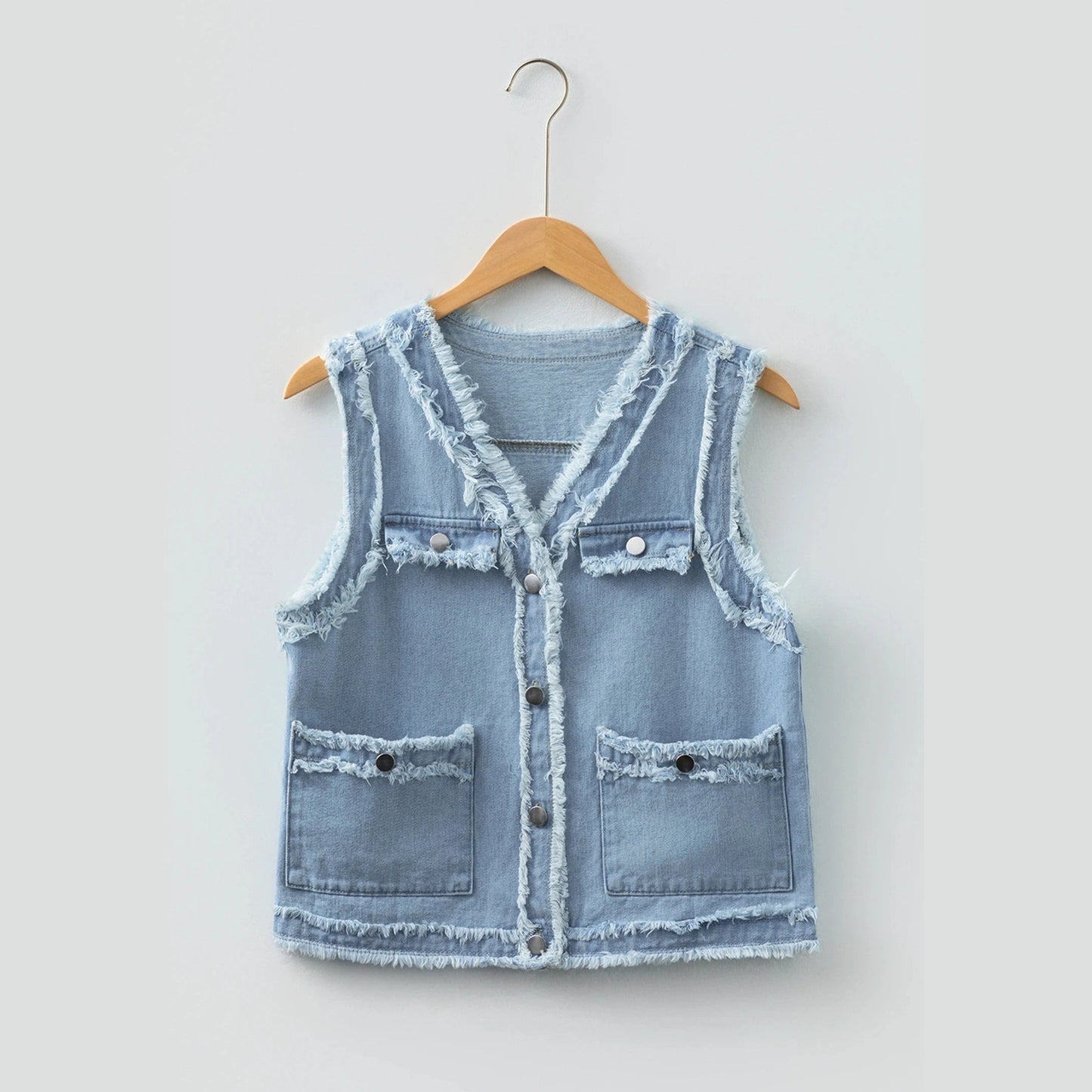 Prisha Beau Blue Frayed Edge Flap Pockets Denim Vest Jacket
