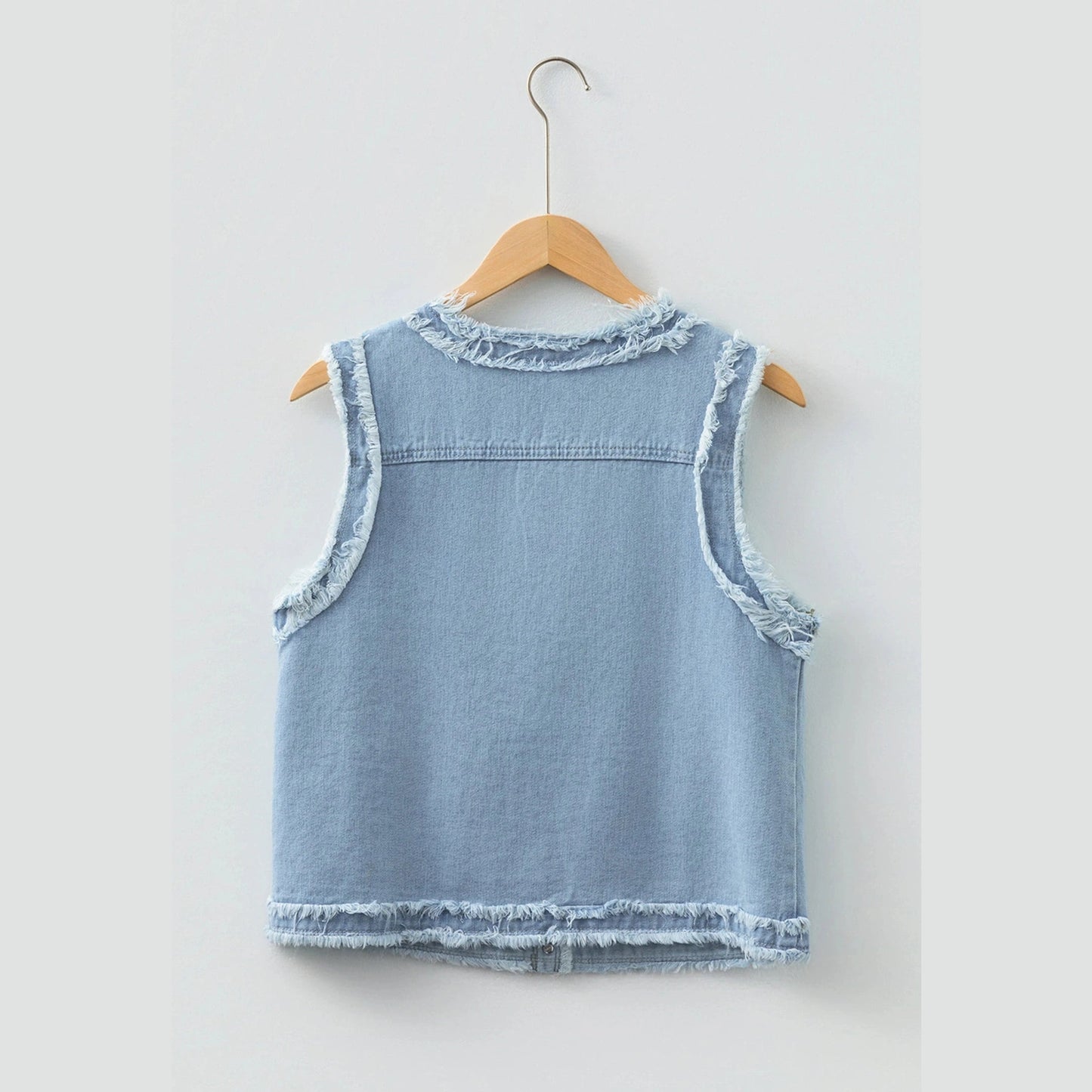 Prisha Beau Blue Frayed Edge Flap Pockets Denim Vest Jacket