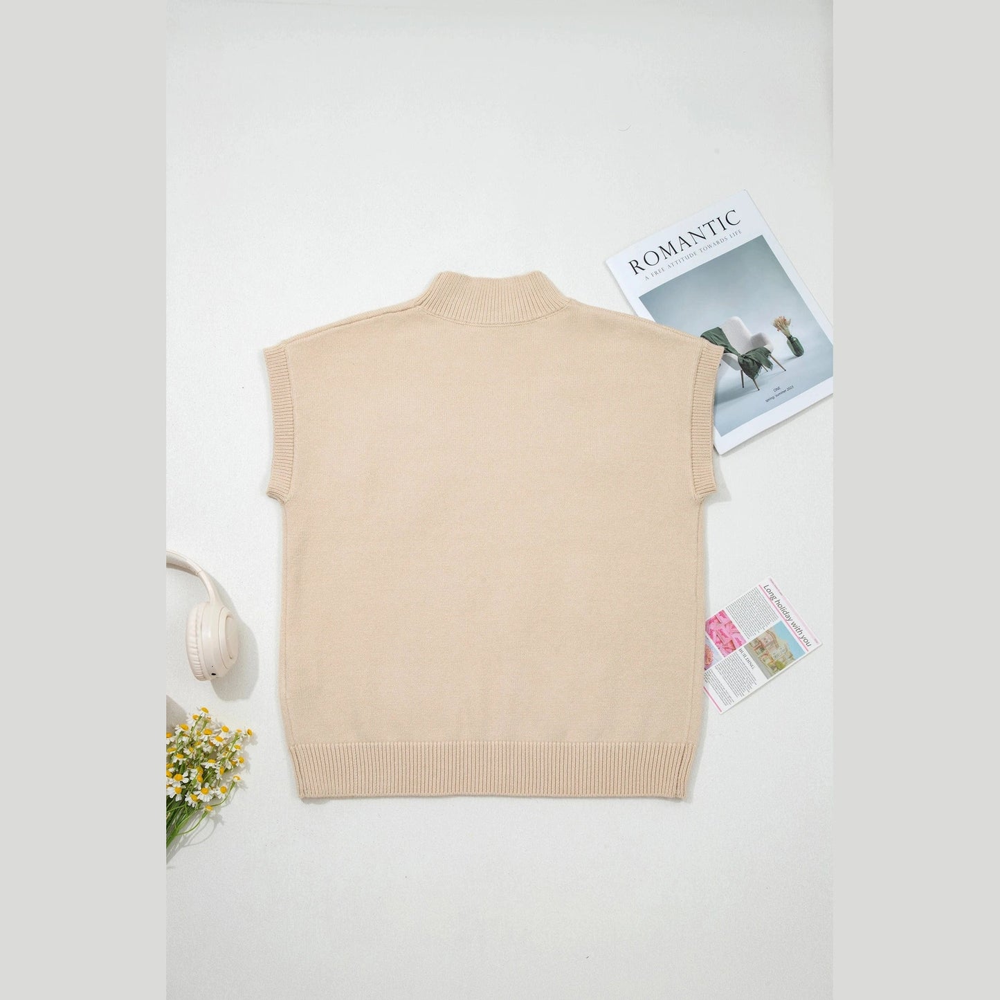 Prissy Parchment Corded Horseshoes Ribbed Trim Mock Neck Short Sleeve Sweater