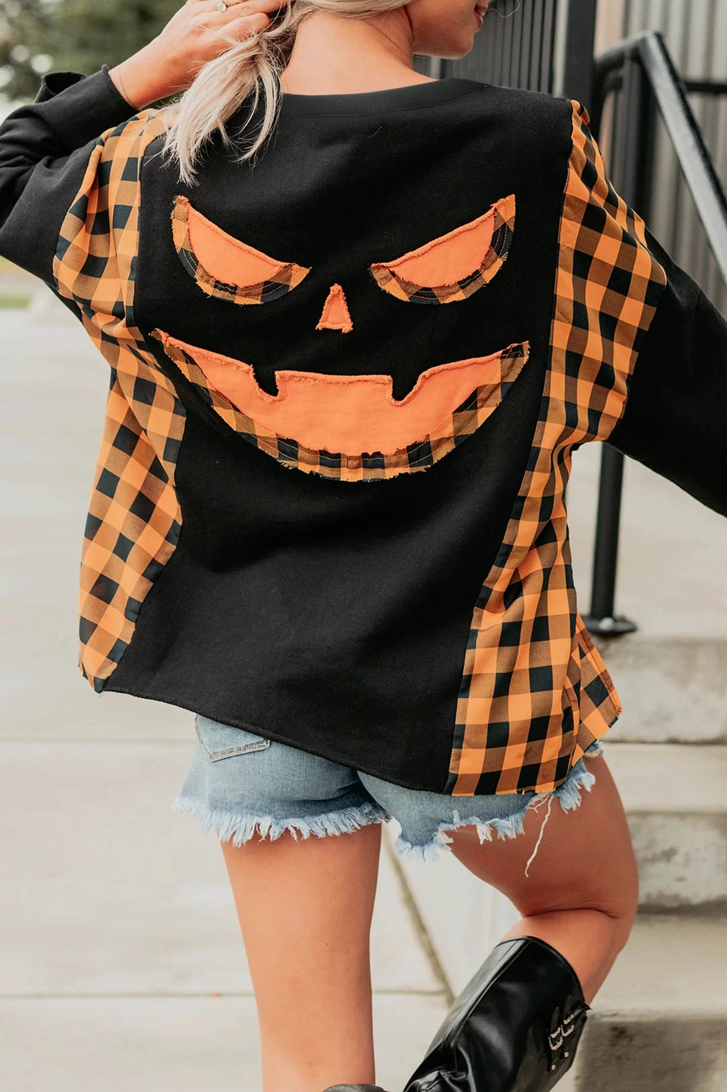 Black Patchwork Plaid Pumpkin Face Long Sleeve Top