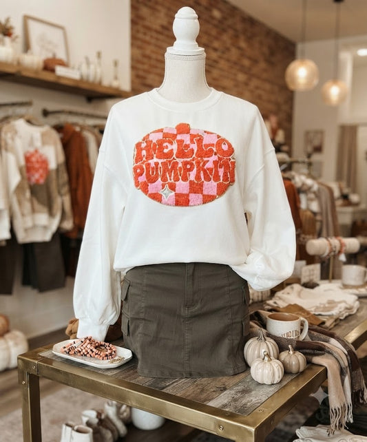 White Terry Halloween Pumpkin Patched Pattern Pullover Sweatshirt