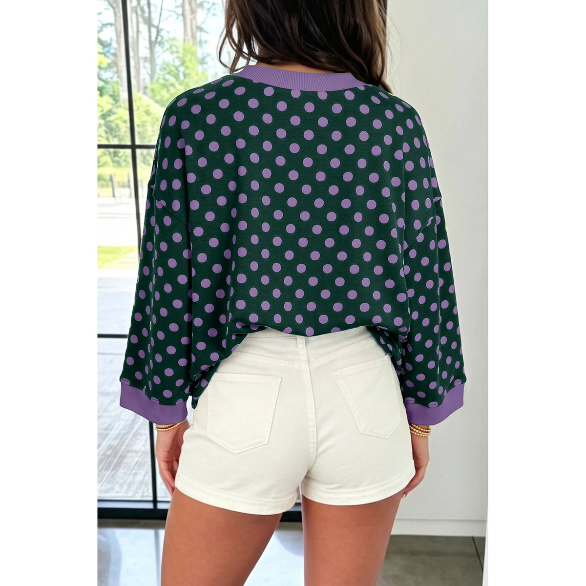 Rilyn Purple Polka Dot Print Contrast Trim Round Neck Bracelet Sleeve Top