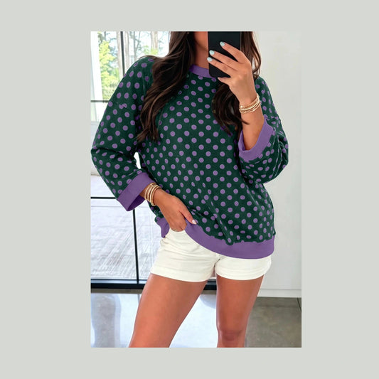 Rilyn Purple Polka Dot Print Contrast Trim Round Neck Bracelet Sleeve Top