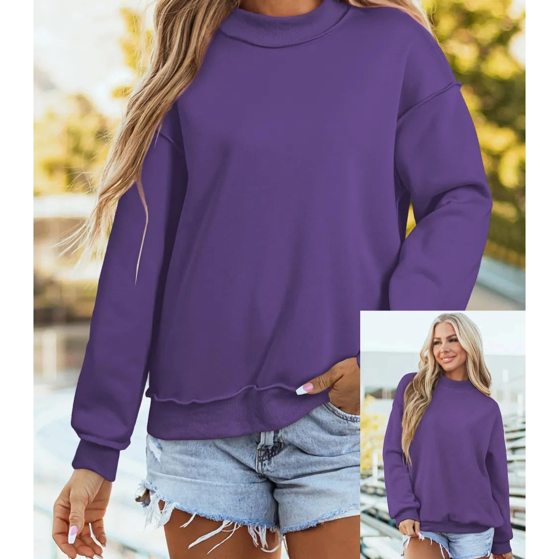 Alessia Purple Oversize Drop Shoulder Reversible Mock Neck Sweatshirt
