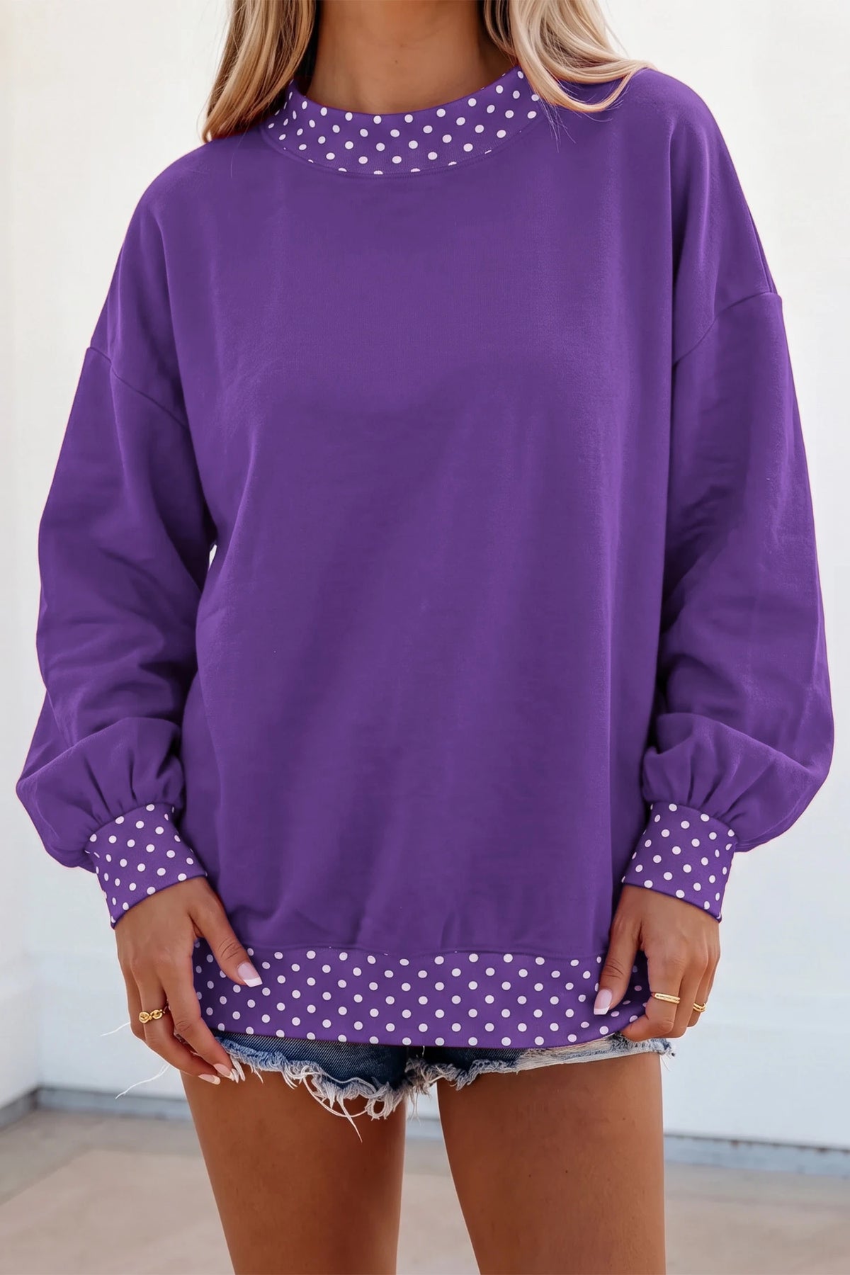 Phoebe Purple Colorblock Polka Dot Contrast Trim Oversized Sweatshirt
