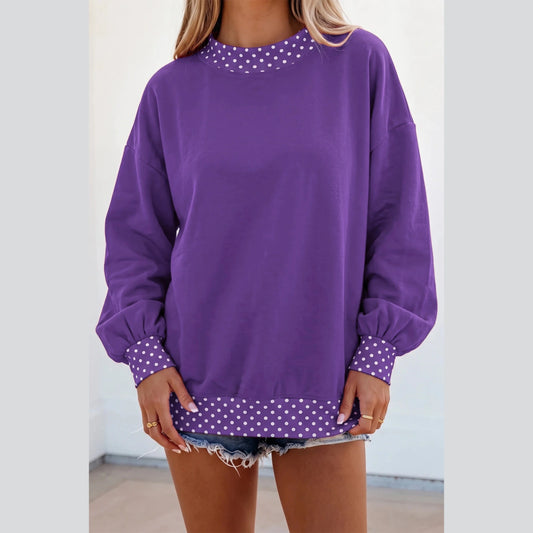 Phoebe Purple Colorblock Polka Dot Contrast Trim Oversized Sweatshirt