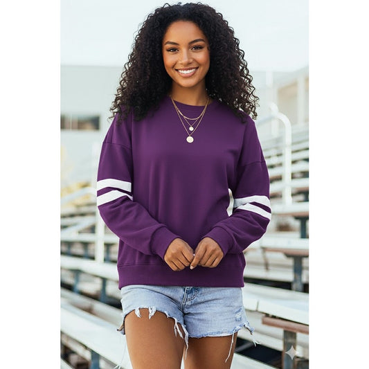 Purple Varsity Striped Detail Drop Shoulder Oversized Sweatshirt