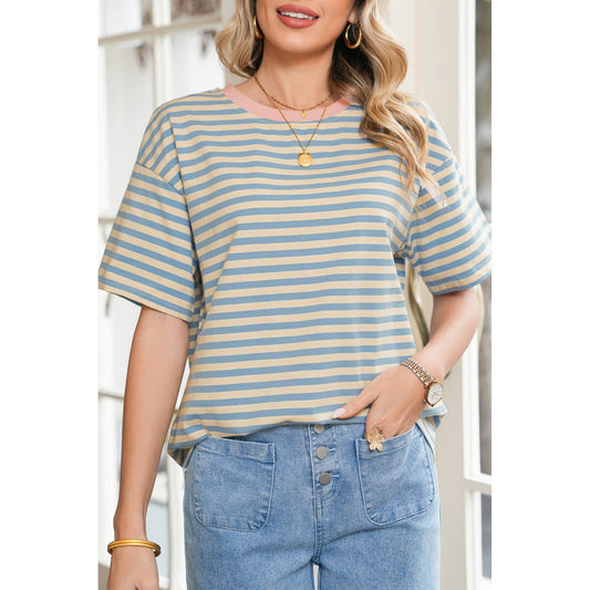 Quinly Sky Blue Stripe Contrast Crew Neck Drop Shoulder Loose Tee