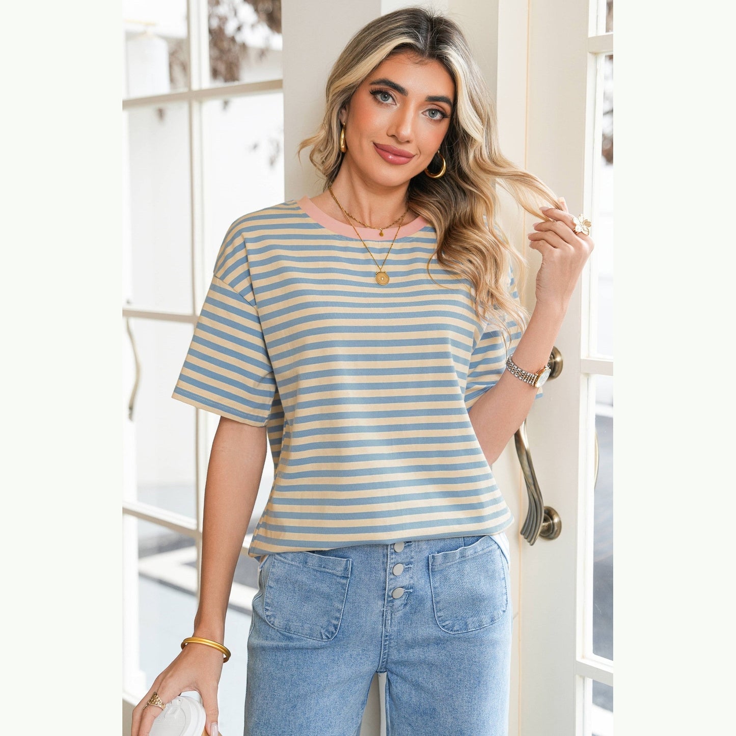 Quinly Sky Blue Stripe Contrast Crew Neck Drop Shoulder Loose Tee