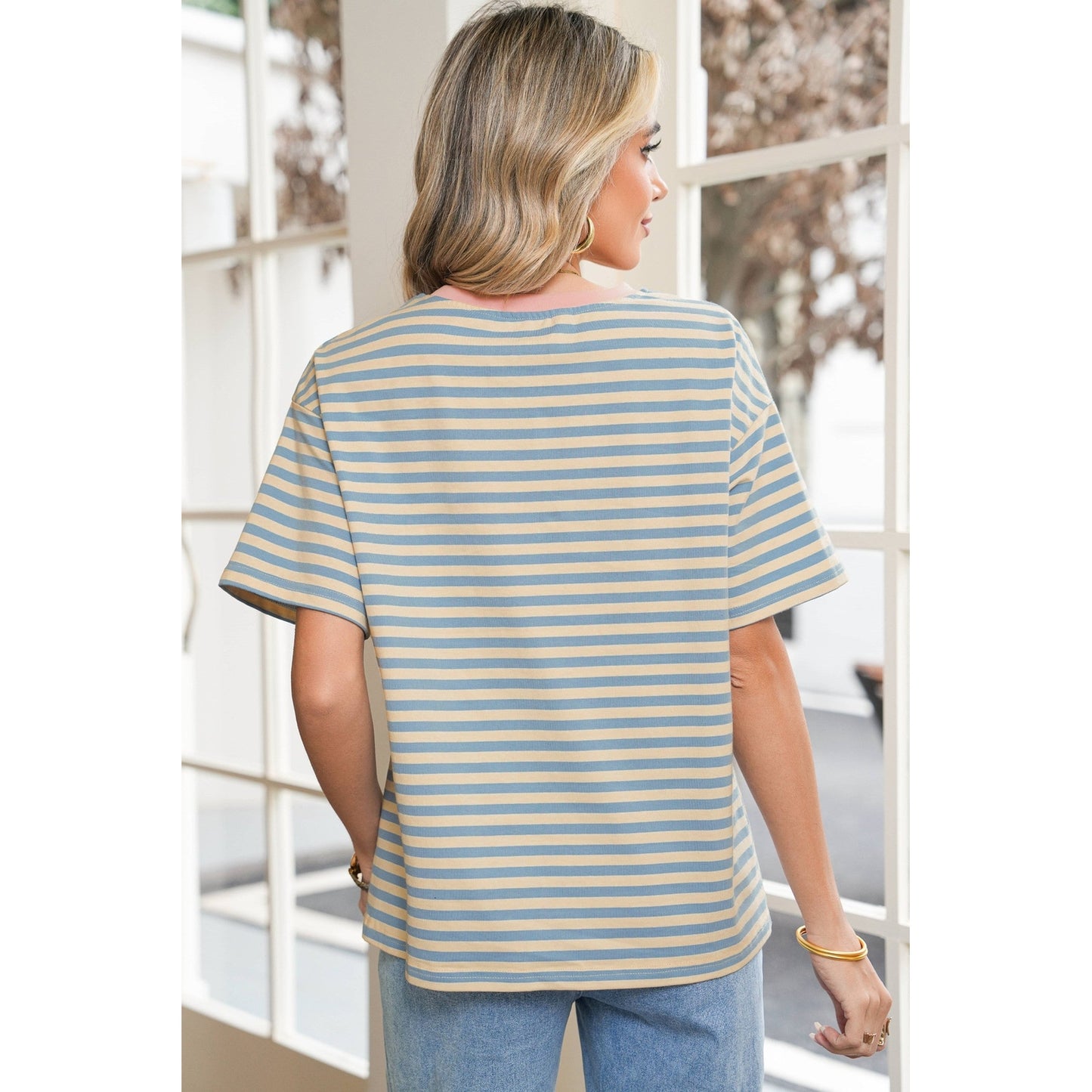 Quinly Sky Blue Stripe Contrast Crew Neck Drop Shoulder Loose Tee