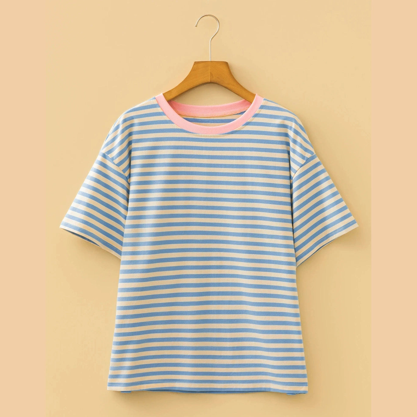 Quinly Sky Blue Stripe Contrast Crew Neck Drop Shoulder Loose Tee