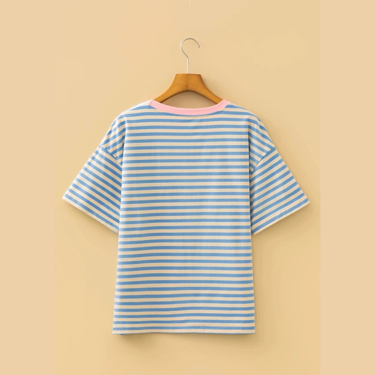 Quinly Sky Blue Stripe Contrast Crew Neck Drop Shoulder Loose Tee