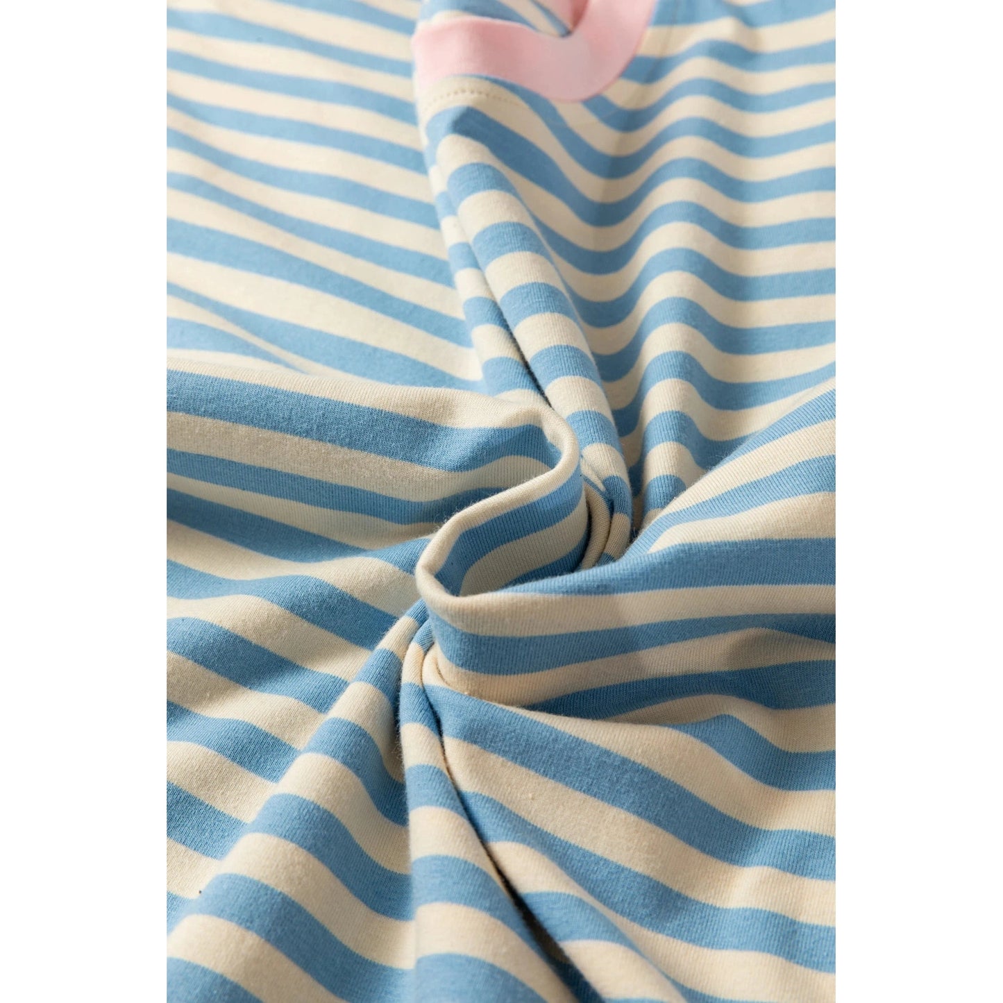 Quinly Sky Blue Stripe Contrast Crew Neck Drop Shoulder Loose Tee
