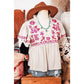 REDUCED!!!  Quella Beige Floral Embroidered Short Sleeve Notched V Neck Blouse  REDUCED!!!
