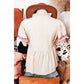 REDUCED!!!  Quella Beige Floral Embroidered Short Sleeve Notched V Neck Blouse  REDUCED!!!