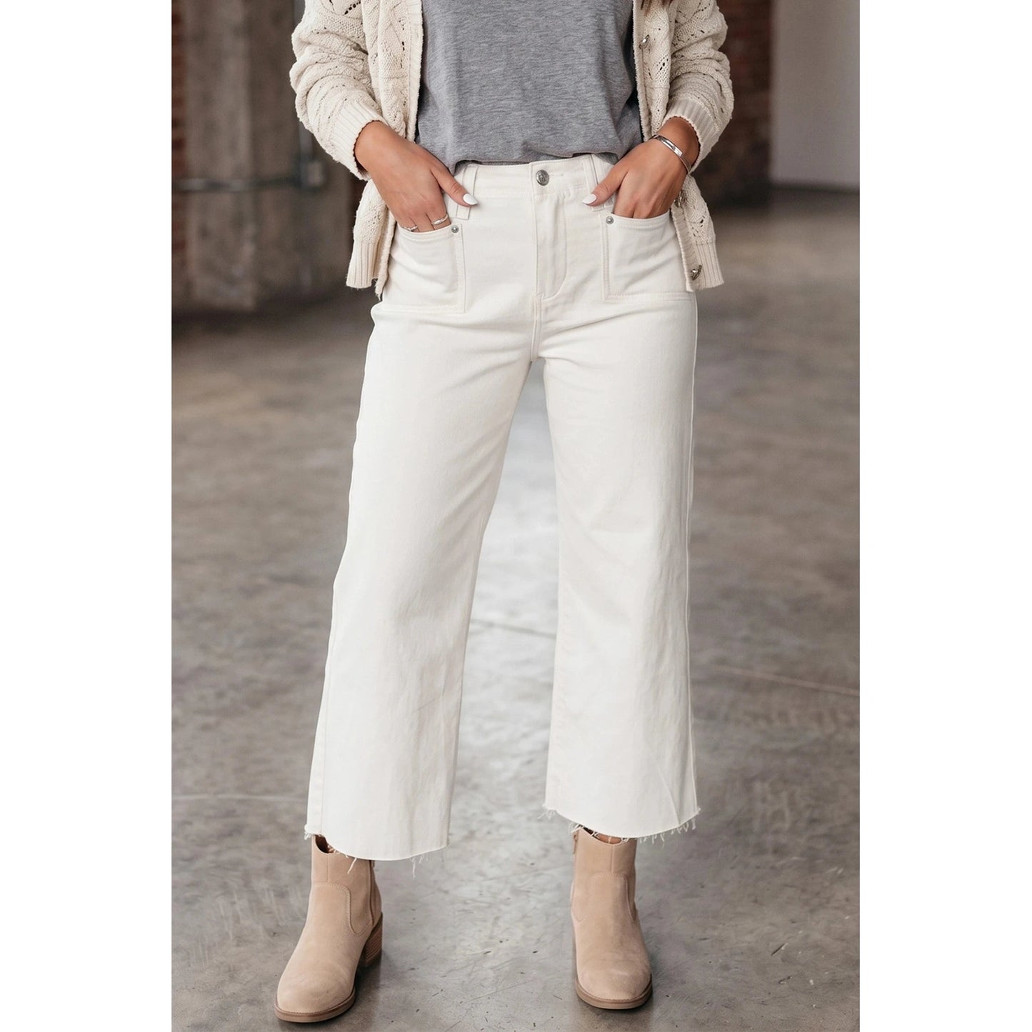 Quince White Raw Hem Ankle-length Loose Jeans