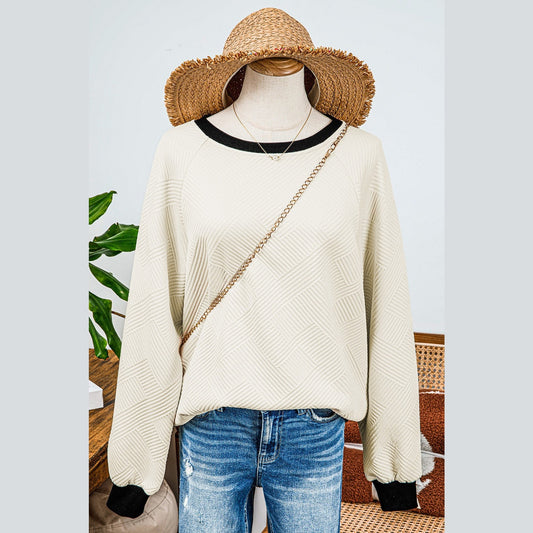 Quinly Color Block Edge Raglan Sleeve Crew Neck Textured Top